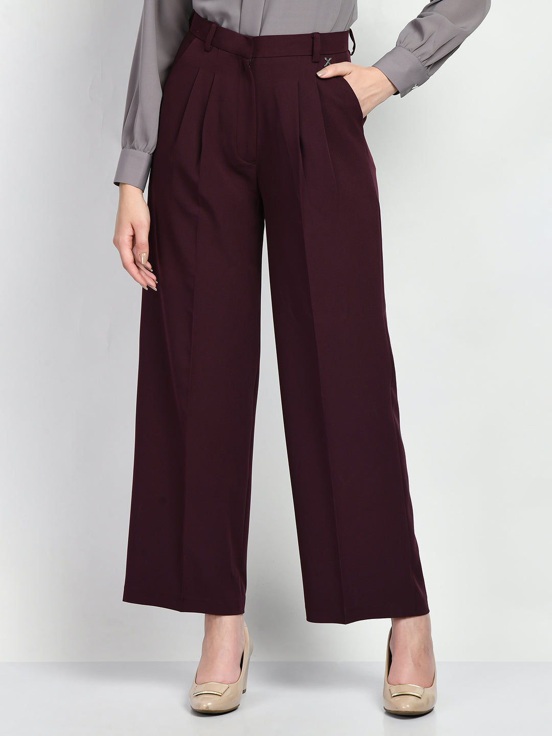 Exude Influence Solid Wide Leg Trousers Wine Trouser