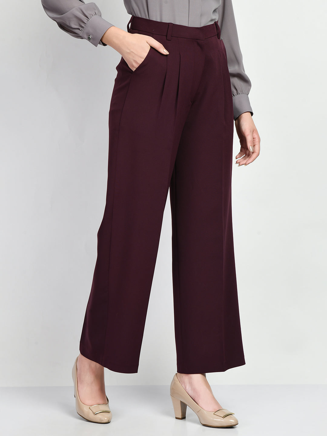 Exude Influence Solid Wide Leg Trousers Wine Trouser