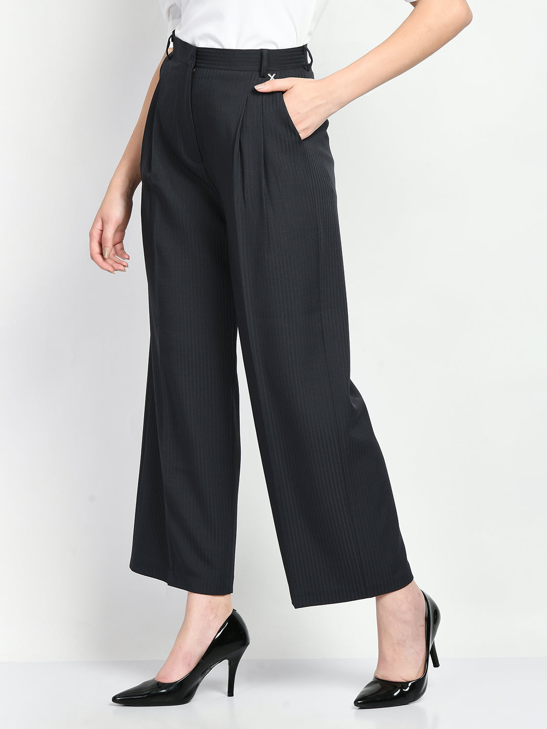 Exude Prowess Striped Wide Leg Trousers Navy Trouser