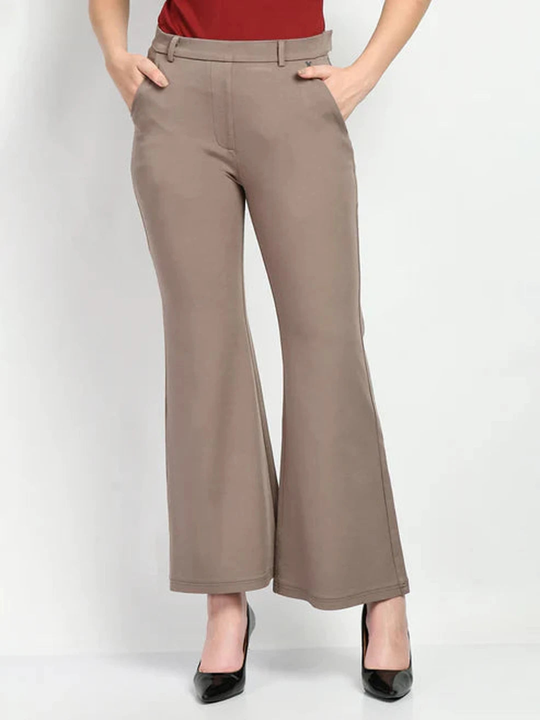 Exude Accomplishment Solid 4 Way Stretch Bootcut Trousers Camel Beige Trouser