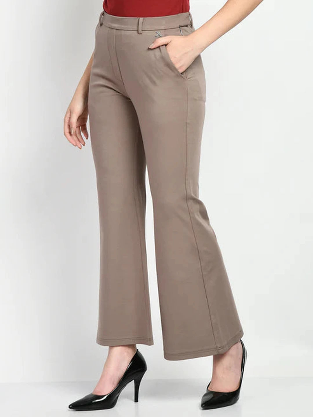 Exude Accomplishment Solid 4 Way Stretch Bootcut Trousers Camel Beige Trouser