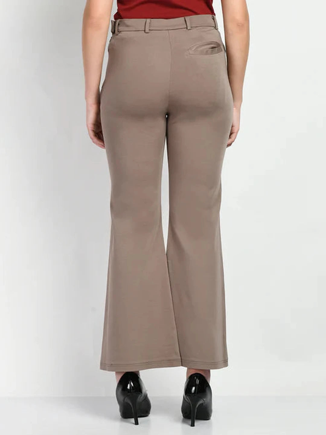 Exude Accomplishment Solid 4 Way Stretch Bootcut Trousers Camel Beige Trouser