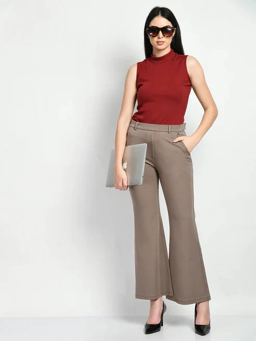 Exude Accomplishment Solid 4 Way Stretch Bootcut Trousers Camel Beige Trouser