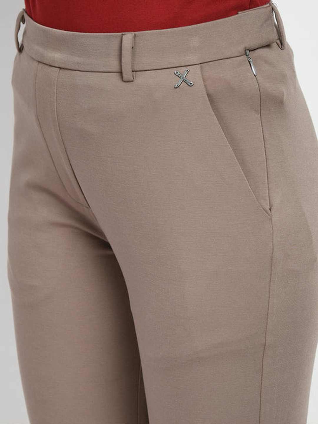 Exude Accomplishment Solid 4 Way Stretch Bootcut Trousers Camel Beige Trouser