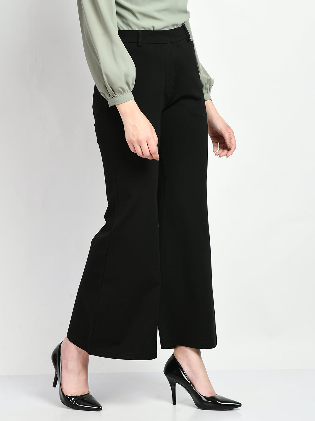 Exude Accomplishment Solid 4 Way Stretch Bootcut Trousers Black Trouser