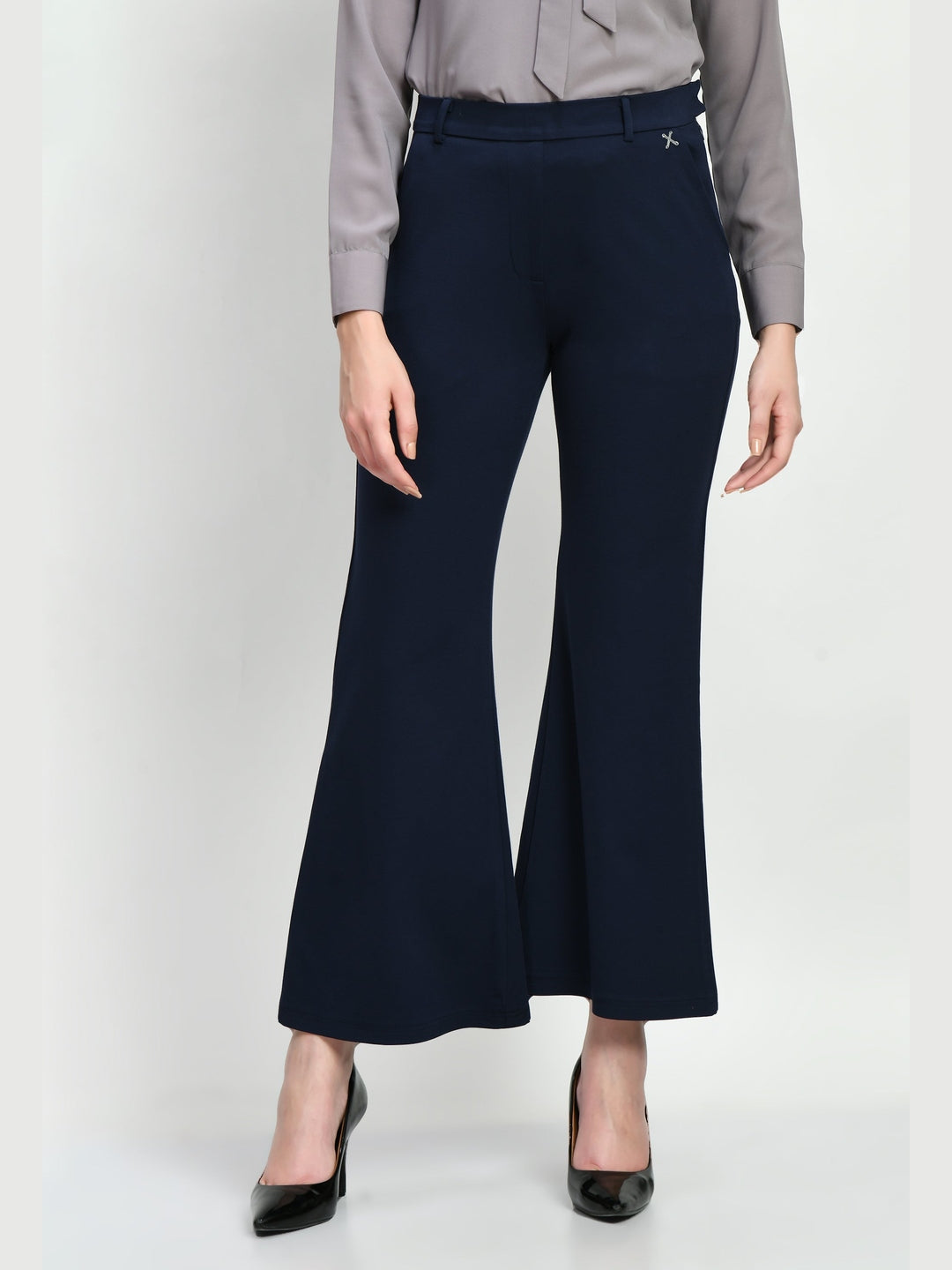 Exude Accomplishment Solid 4 Way Stretch Bootcut Trousers Navy Trouser