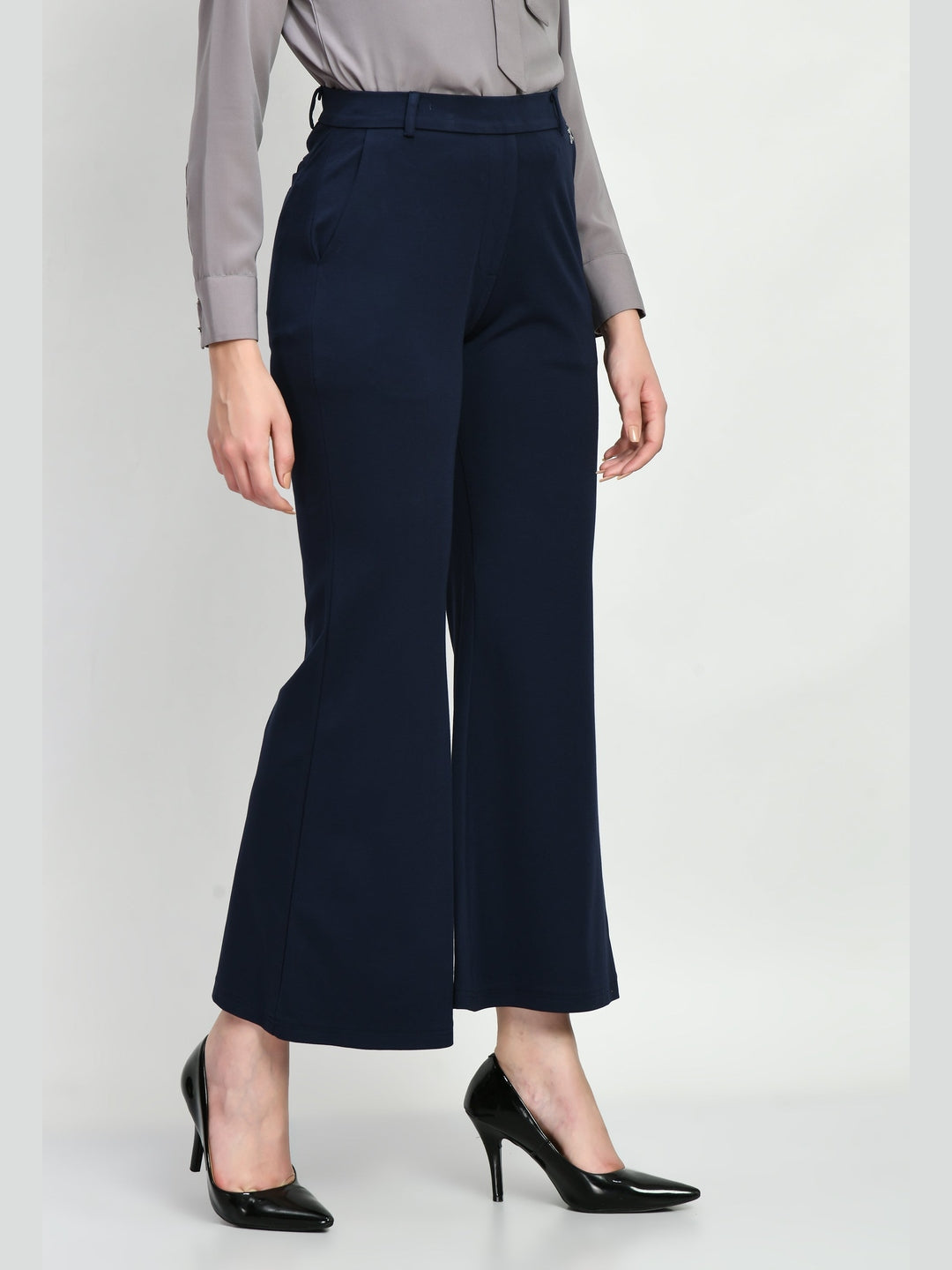 Exude Accomplishment Solid 4 Way Stretch Bootcut Trousers Navy Trouser