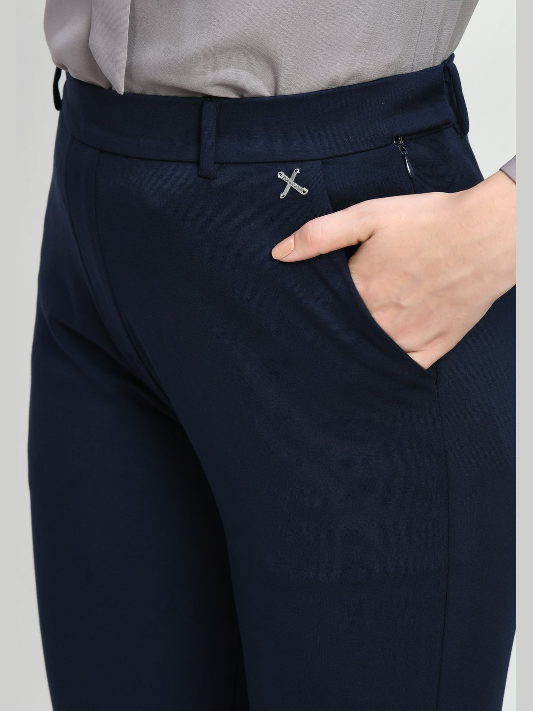 Exude Accomplishment Solid 4 Way Stretch Bootcut Trousers Navy Trouser