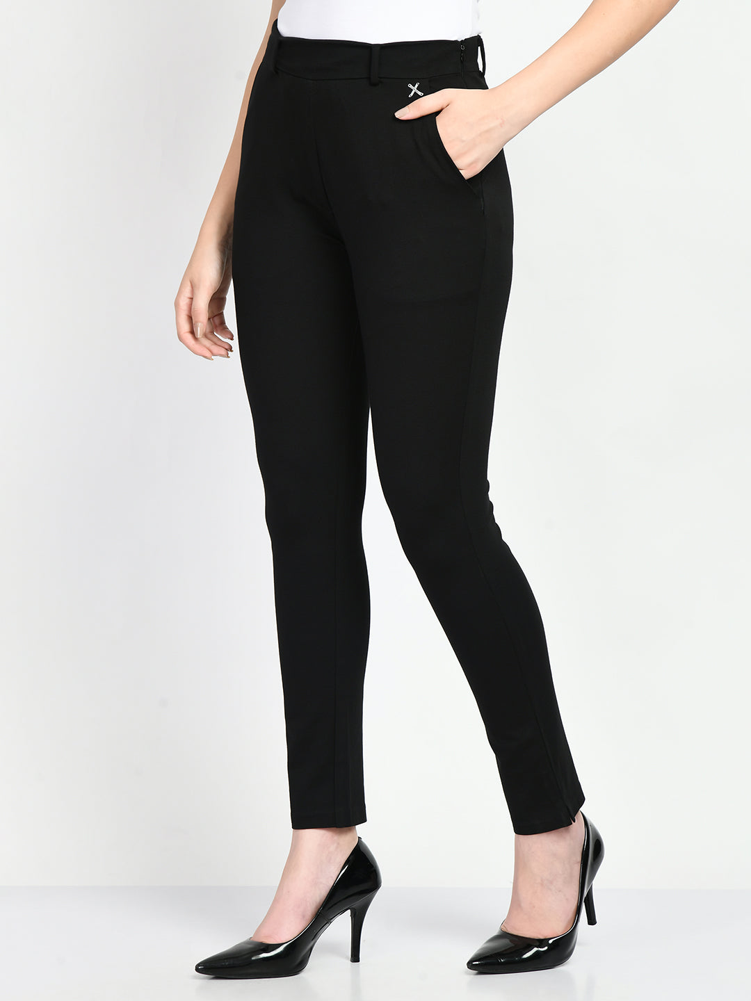 Exude Respect Solid 4 Way Stretch Slim Trousers Black Trouser