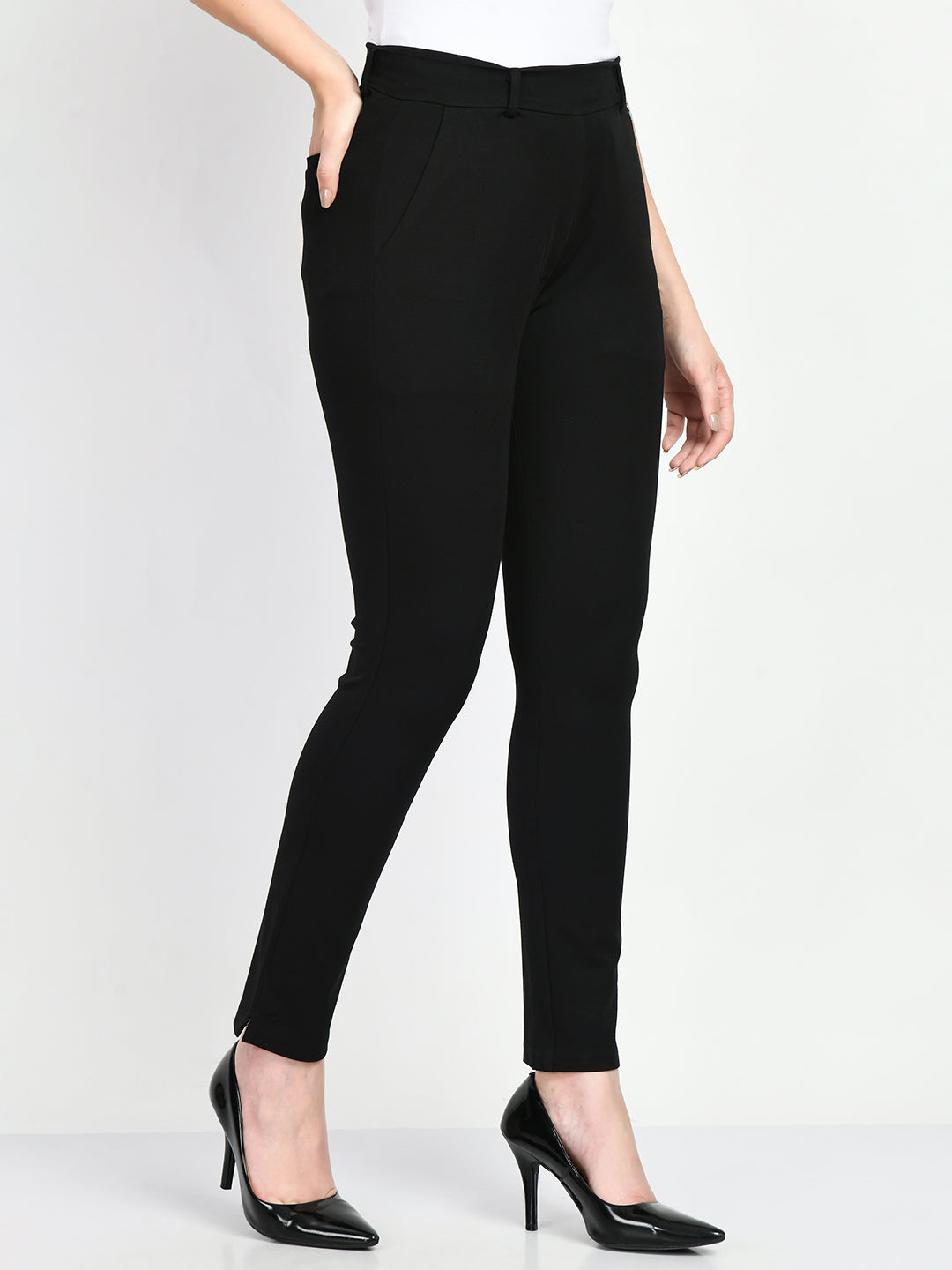 Exude Respect Solid 4 Way Stretch Slim Trousers Black Trouser