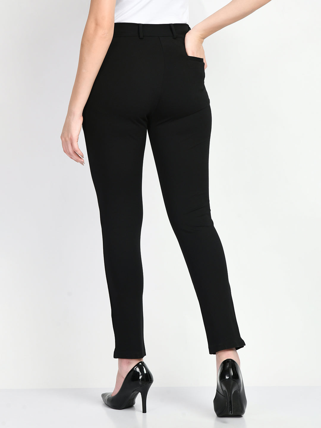 Exude Respect Solid 4 Way Stretch Slim Trousers Black Trouser