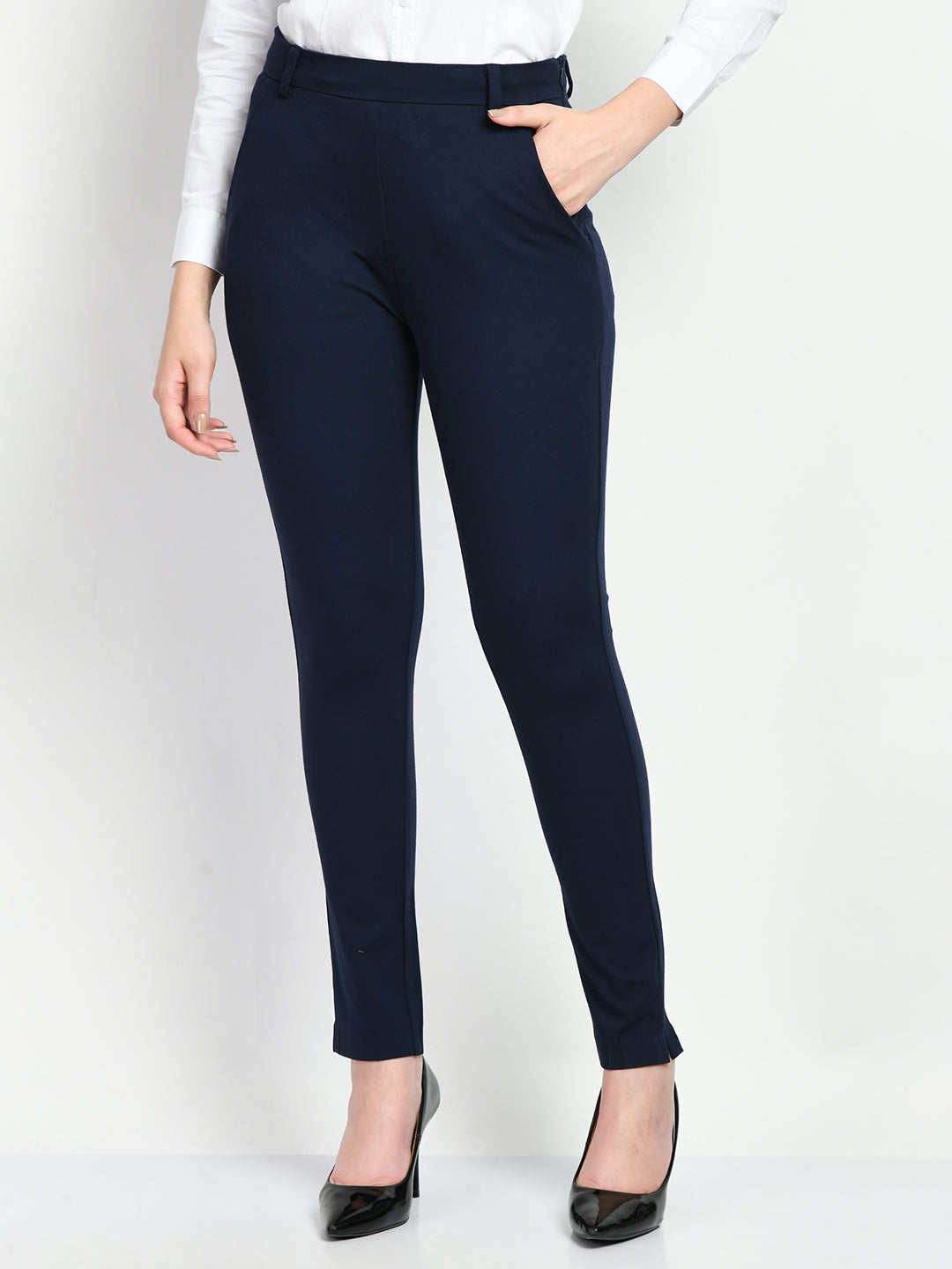 Exude Respect Solid 4 Way Stretch Slim Trousers Navy Trouser