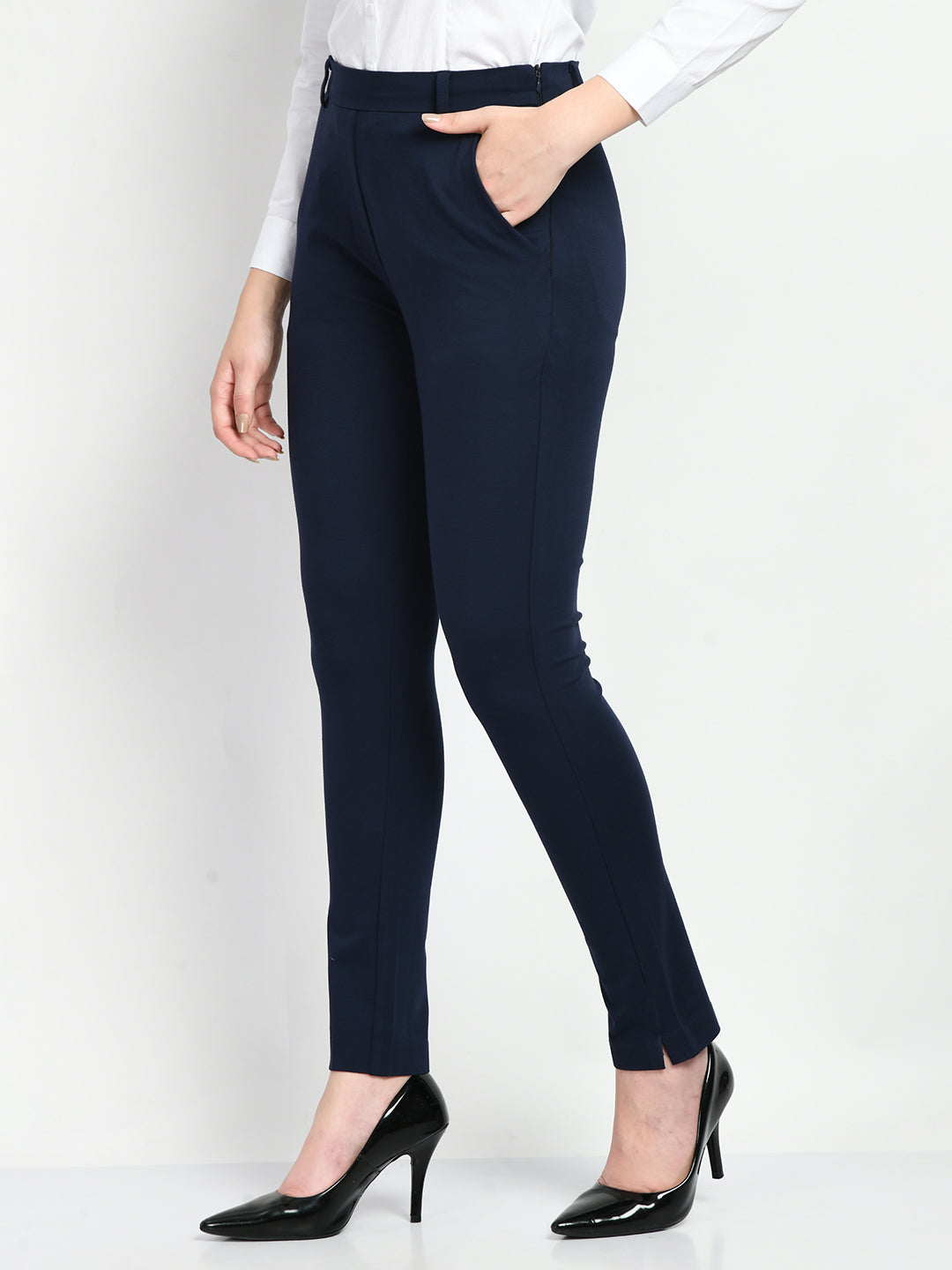 Exude Respect Solid 4 Way Stretch Slim Trousers Navy Trouser