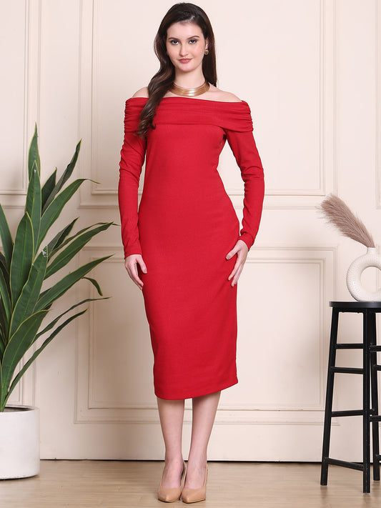 Exude Luminous Affair off-shoulder red midi dress