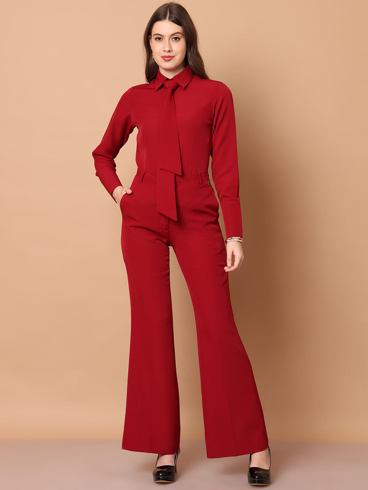 Exude Reign Supreme Shirt with Tie Paired with Matching Bootcut Trouser Red Co-ord Sets