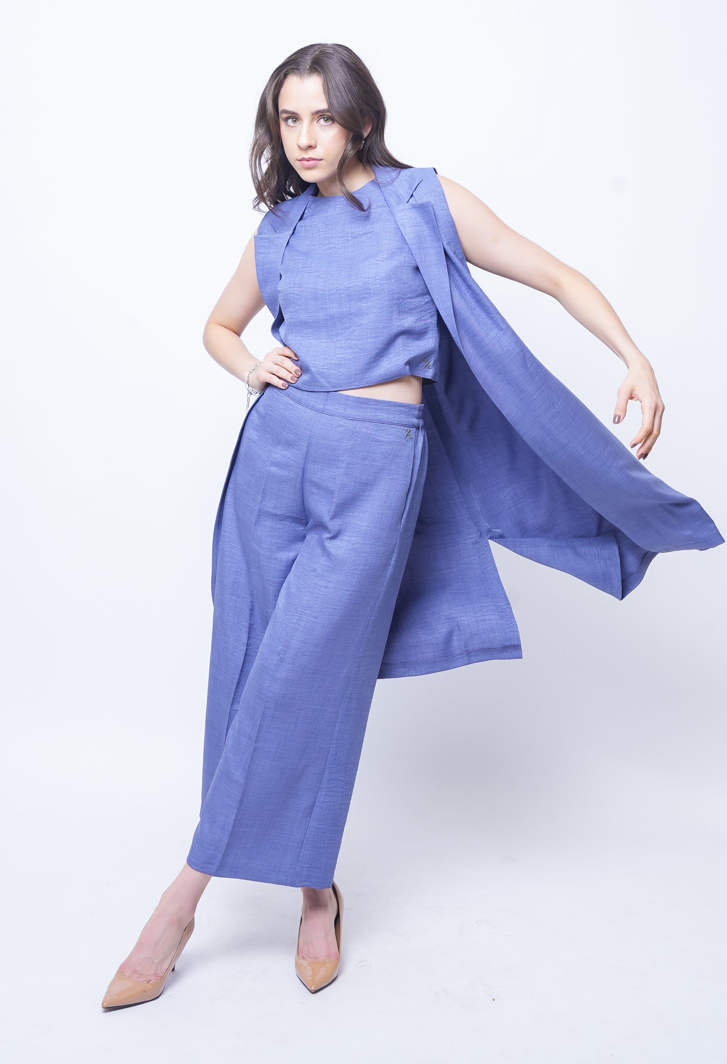Exude Lustrous Long Jacket , Top with Wide Leg Trouser (Twill Blue )