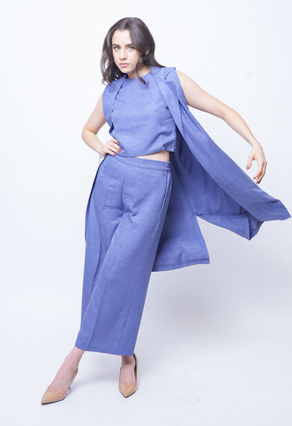 Exude Lustrous Long Jacket , Top with Wide Leg Trouser (Twill Blue )