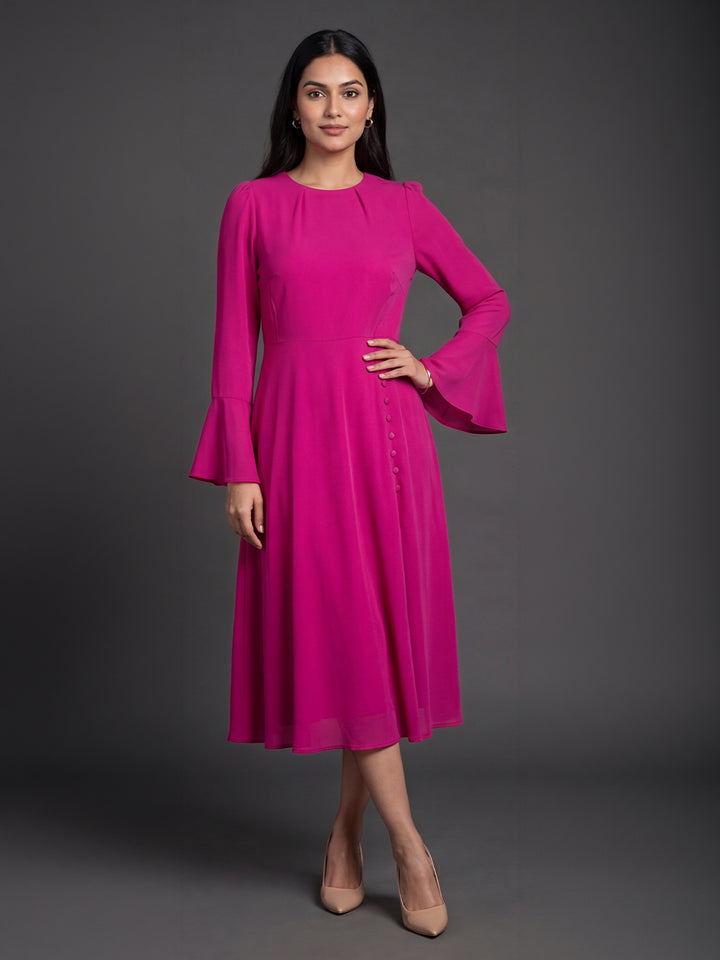 Exude Gleaming Fit & Flare Dress with Long Sleeves (Rosy Pink)
