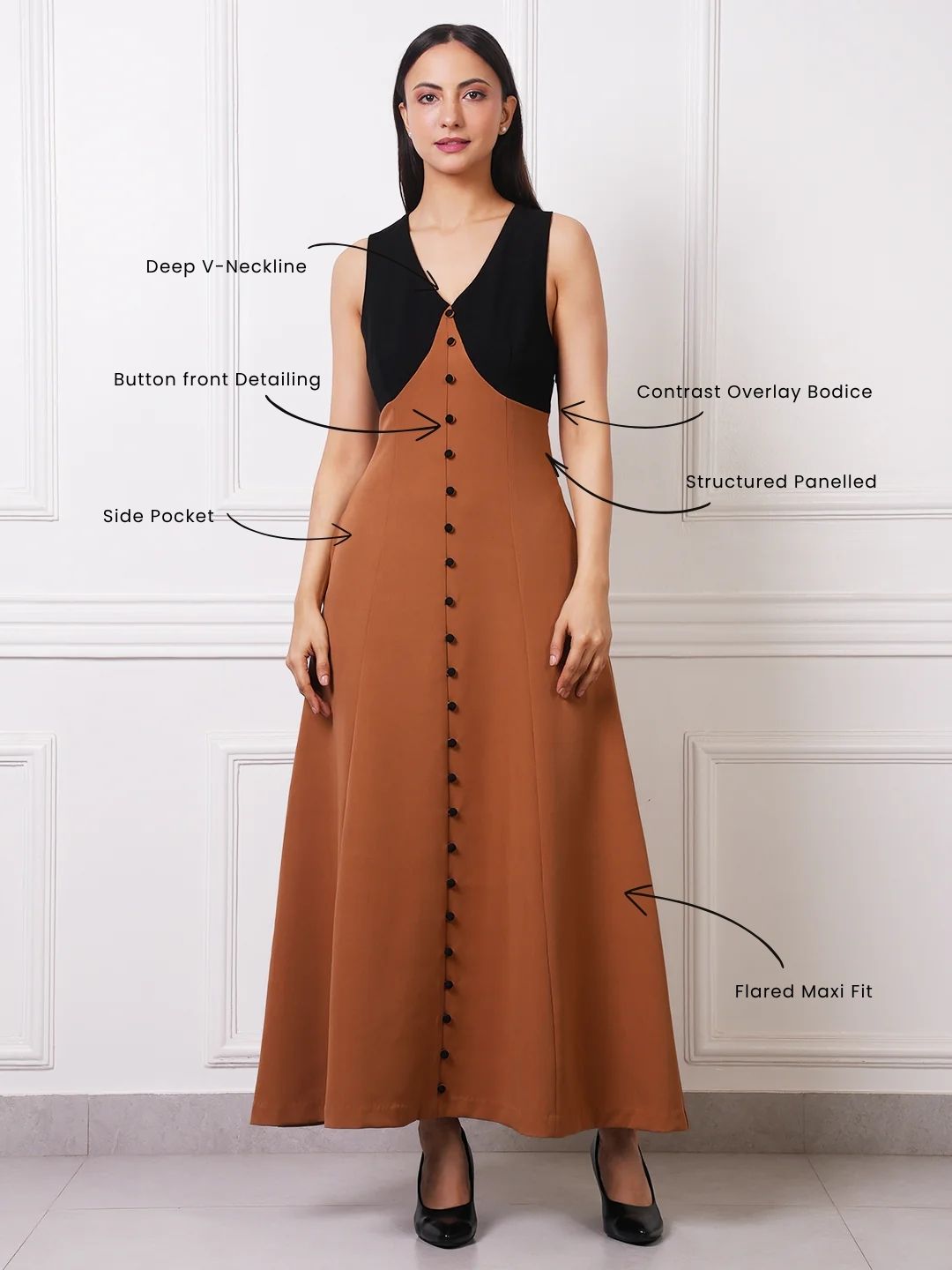 Exude Mocha Two-Tone Button-Front Maxi Dress