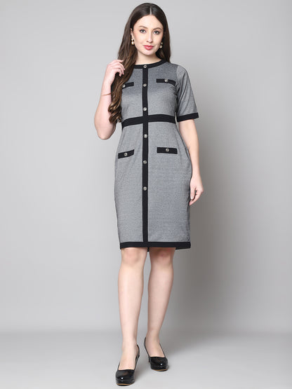 Exude In Her Power Sheath Dress with Button Detailing (Black &amp; Grey)