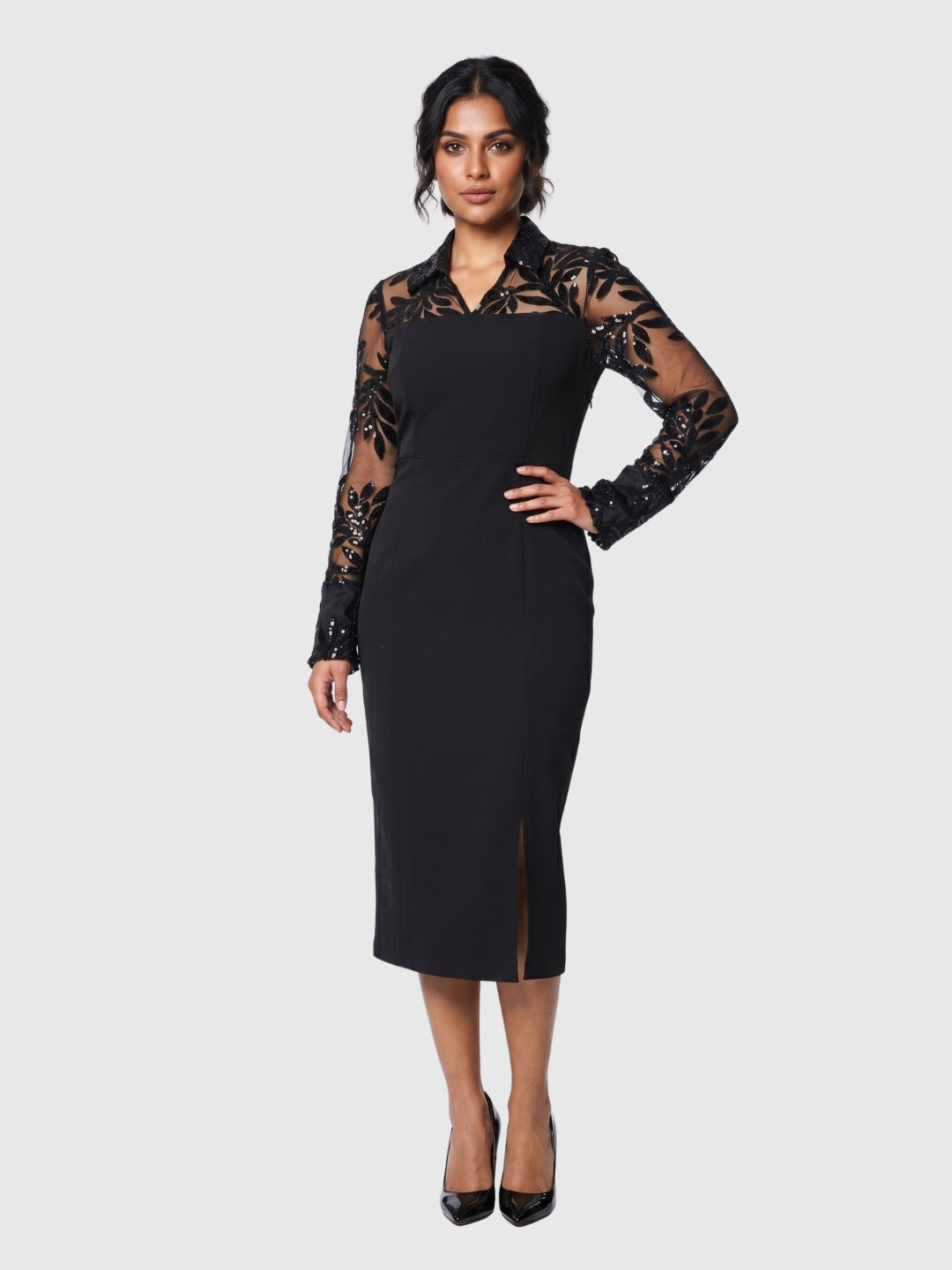 Exude Marina Noir Sequin Sheer-Sleeve Dress