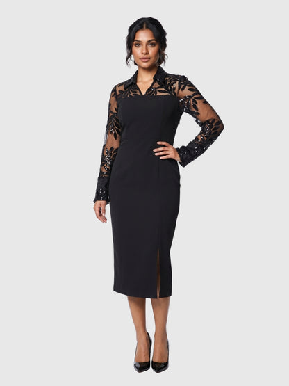 Exude Marina Noir Sequin Sheer-Sleeve Dress