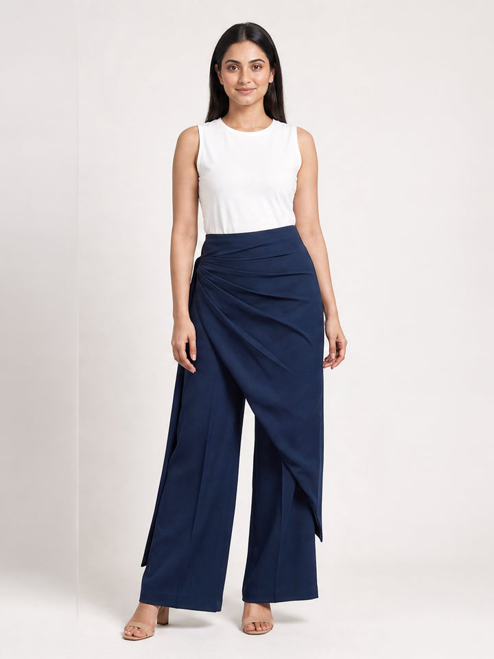 Navy Blue Draped Wrap Wide Leg Trousers with Tie Detail