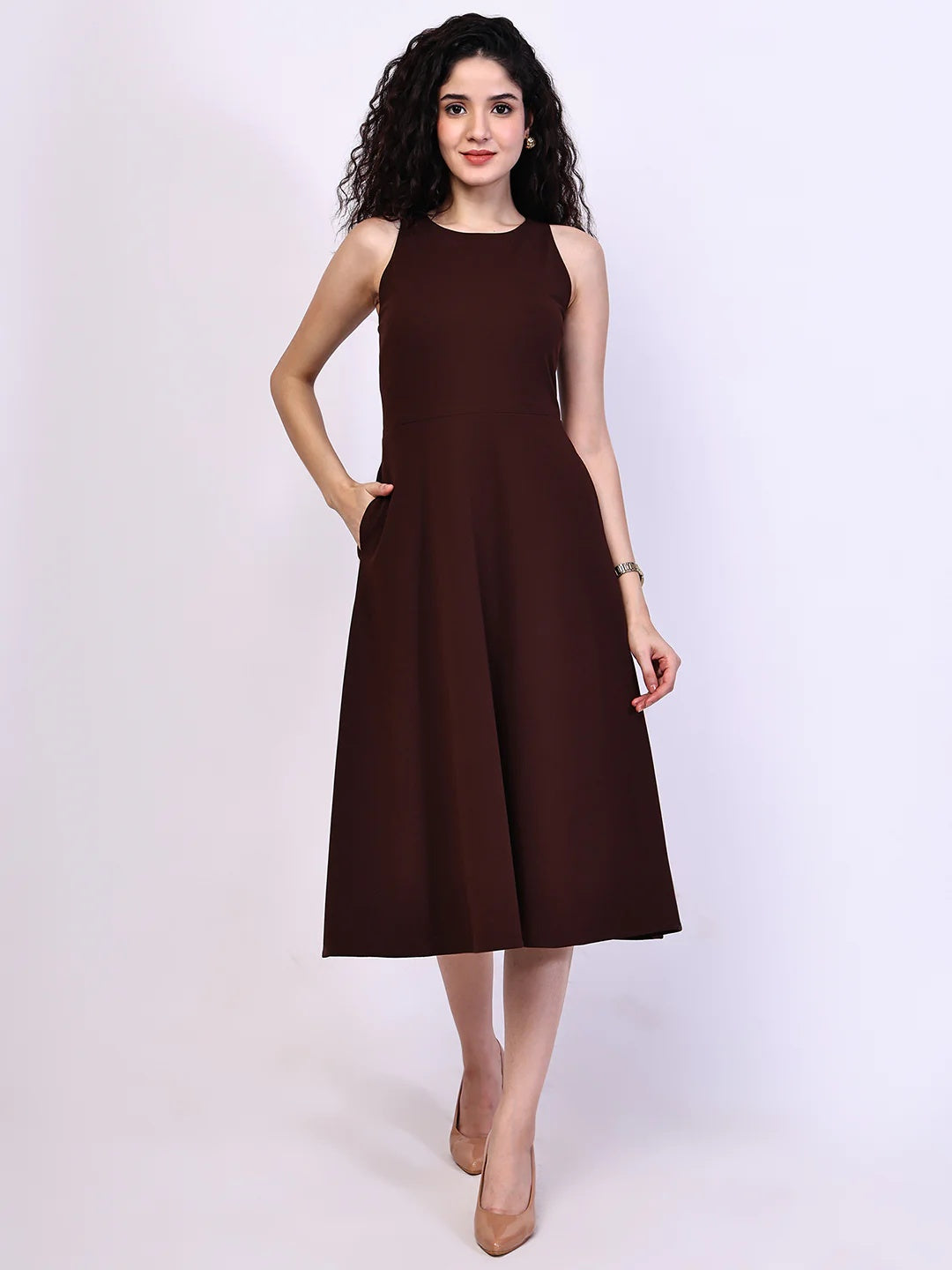 Exude Golden Glow Brown Maxi Dress with Pockets Dresses