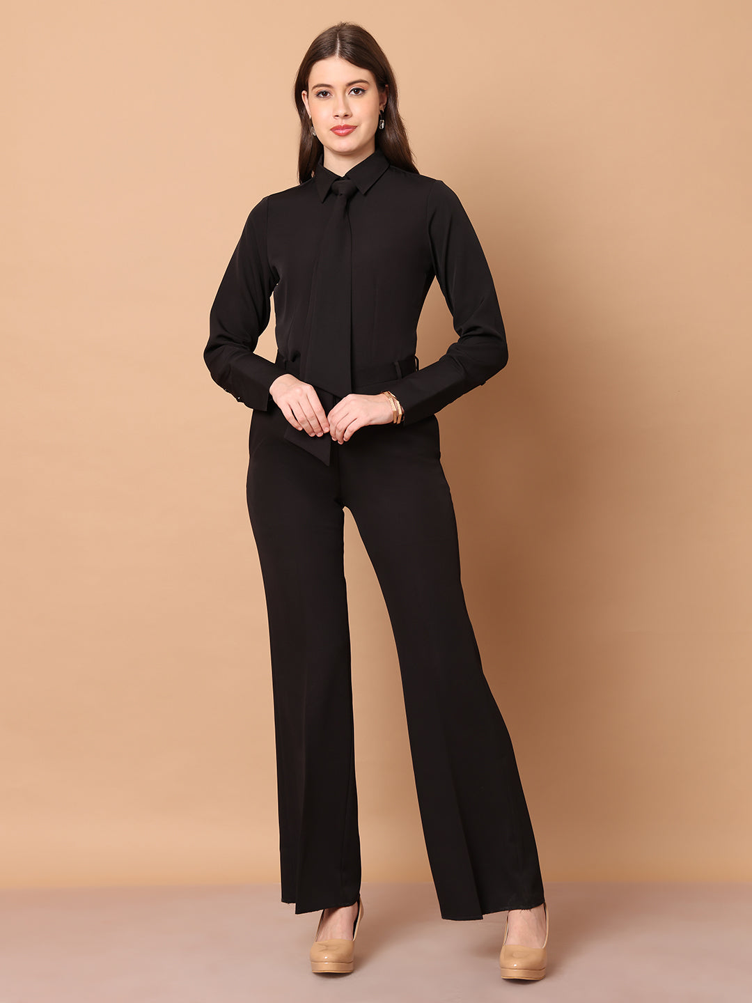 Exude Reign Supreme Shirt with Tie Paired with Matching Bootcut Trouser (Black)