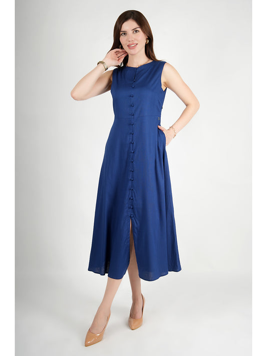 Exude Glowing Front Button Dress With Pockets Royal Blue Dresses