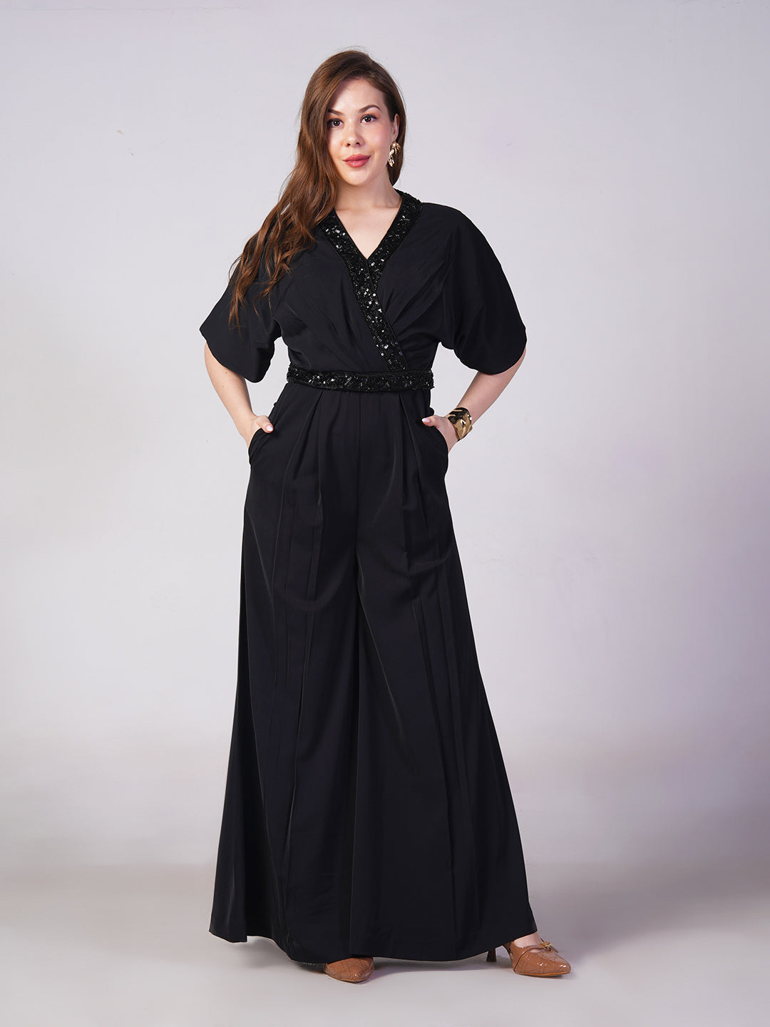 Midnight Black Embellished Wrap Jumpsuit