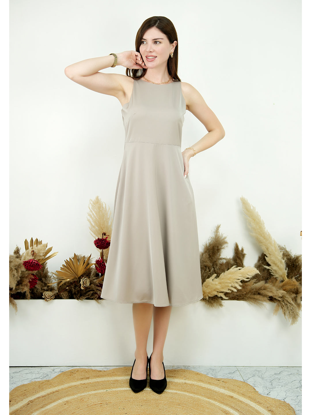 Exude Golden Glow Satin Dress with Pockets Beige Dresses