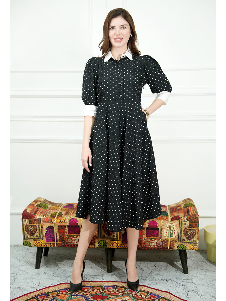 Exude Exploration Polka Dress With Pockets Black 