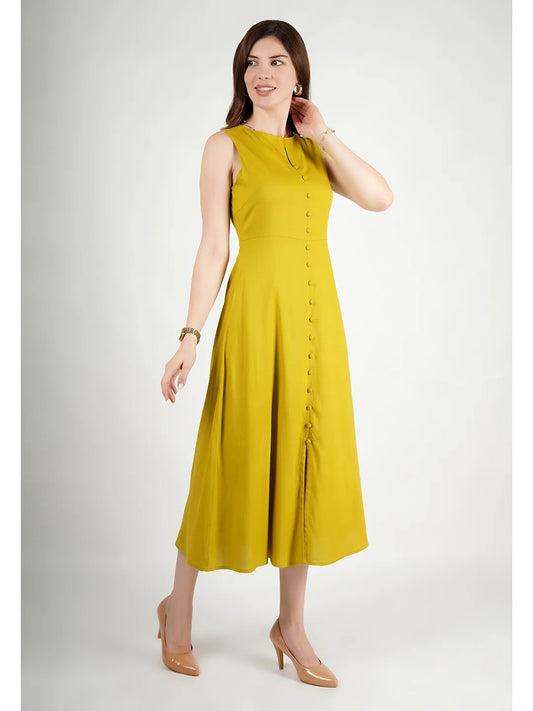Exude Glowing Front Button Dress With Pockets (Lime Green)