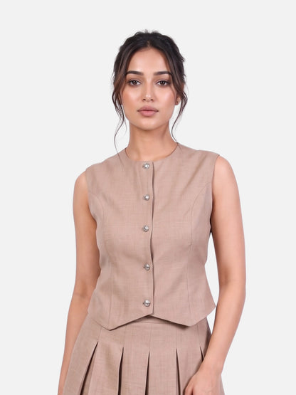 Beige Linen Pearl Button Waistcoat Vest