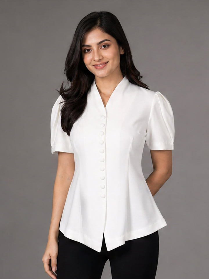 White Puff Sleeve V-Neck Button-Down Cinched waist Top