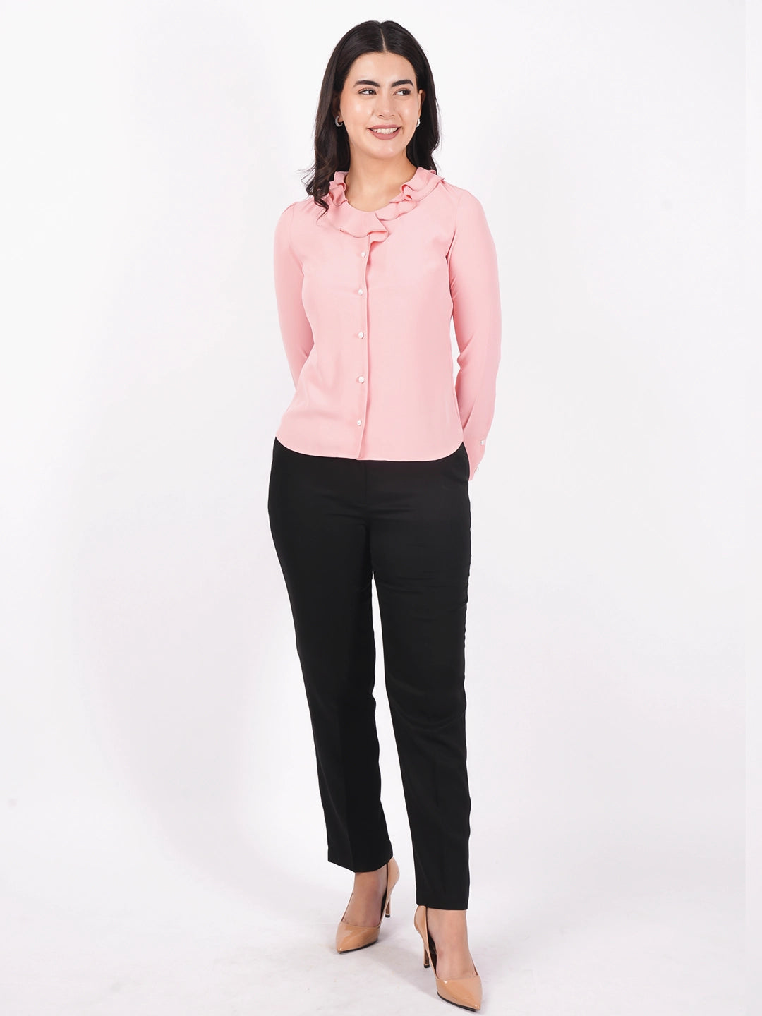 Exude Ruffle Button Top Tops