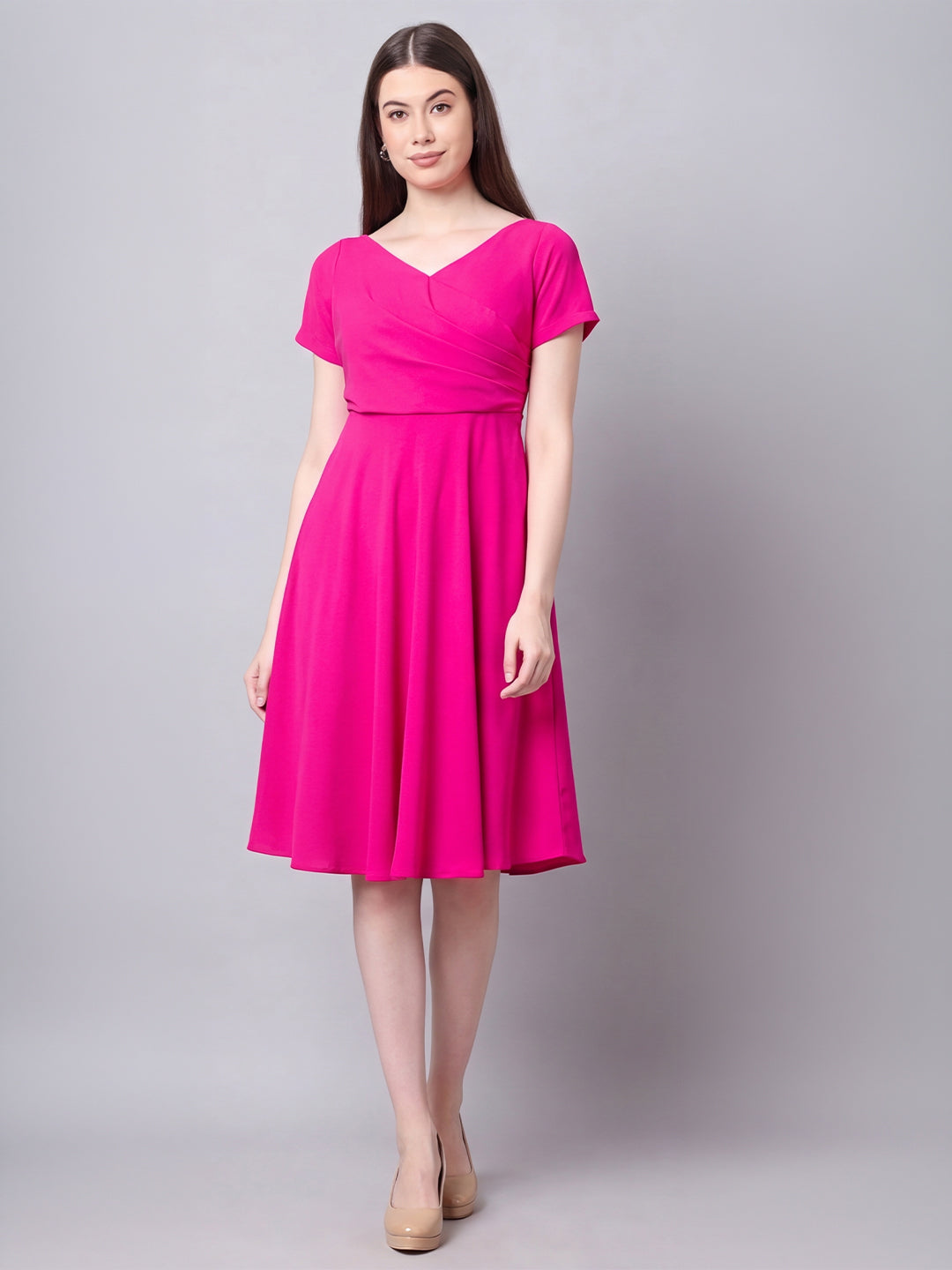 Exude Intrepid V-Neck Front Pleat Dress with Pockets (Fuchsia)