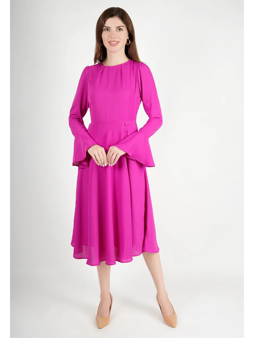 Exude Gleaming Fit & Flare Dress with Long Sleeves Rosy Pink Dresses