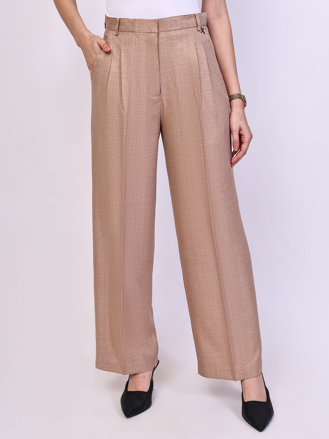 Exude Timeless Threads Straight Fit Trousers with Pockets Beige Trousers