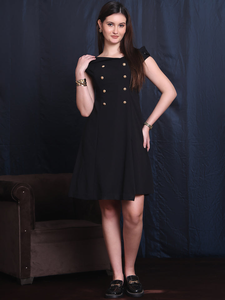 Exude Electric Elegance Black-Shoulder Collar A-line Dress 