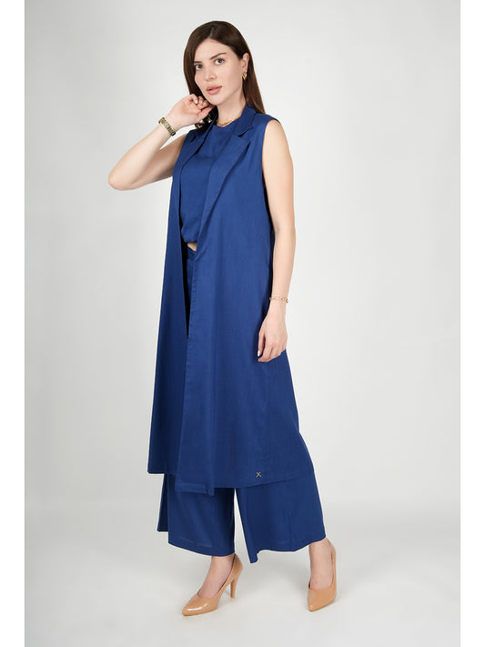 Exude Lustrous Long Jacket , Top with Wide Leg Trouser Royal Blue Co-ord Sets