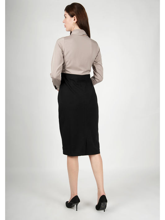 Exude Glistening Neck Drape Dress Satin Beige Dresses