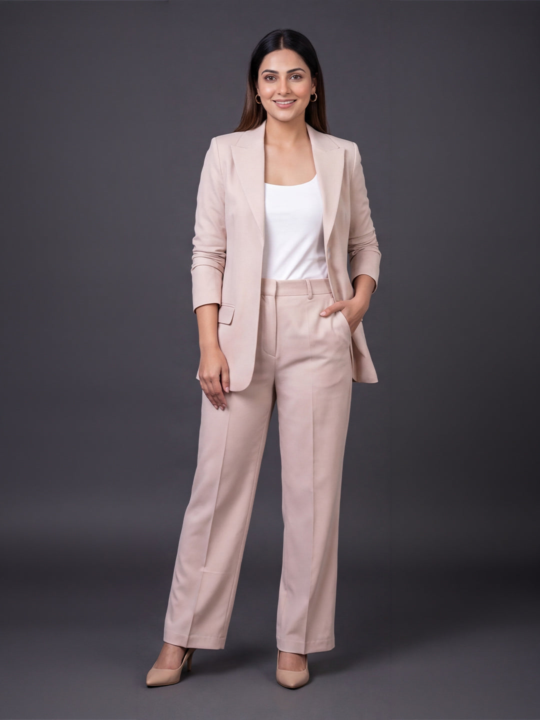 Exude Beige Linen Blazer &amp; Wide-Leg Trouser Co-ord Set