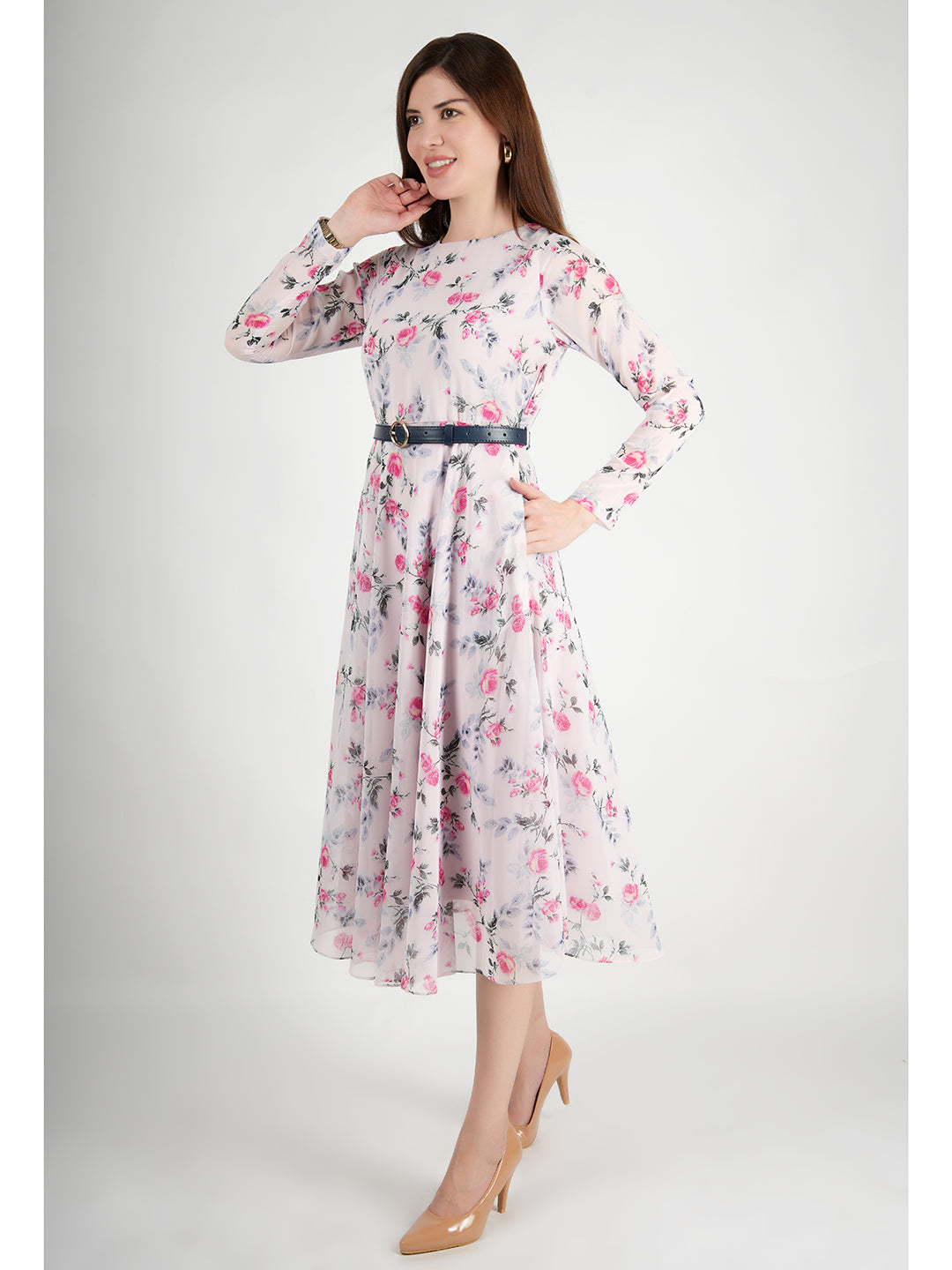 Exude Sunshine A-Line Georgette Dress with Belt (Pink)