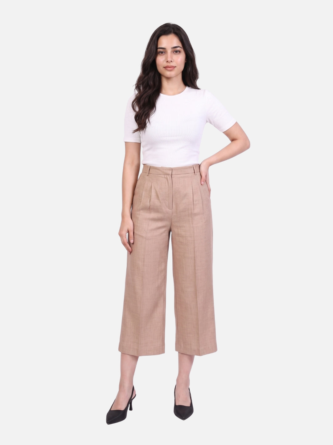Beige Linen Blend High-Waist Pleated Culottes