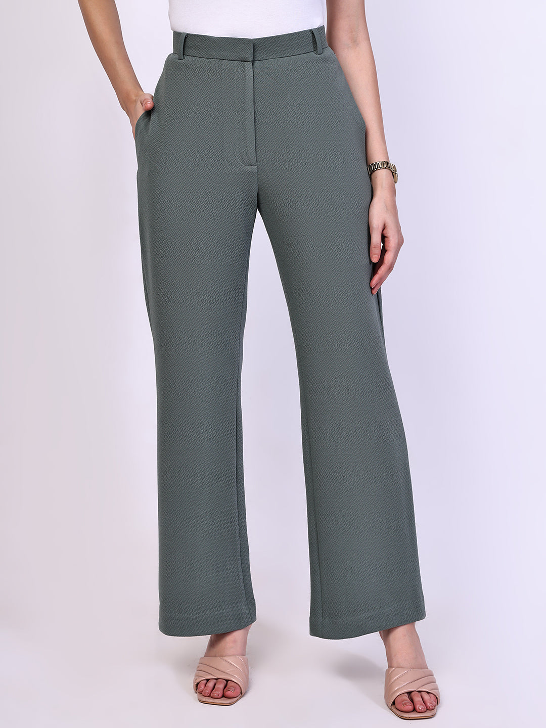 Exude Timeless Threads Straight Fit Trousers with Pockets Pista Green Trousers