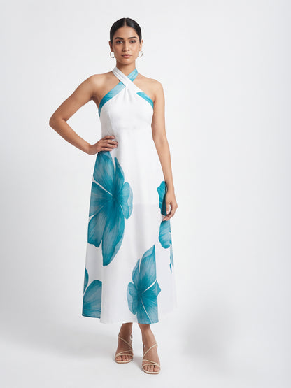 Exude Azure Bloom Cross-Halter Midi Dress