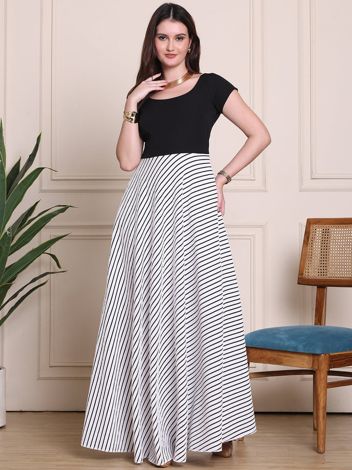 Exude Glamour Reign Dramatic Black And White Gown With Cap Sleeve 