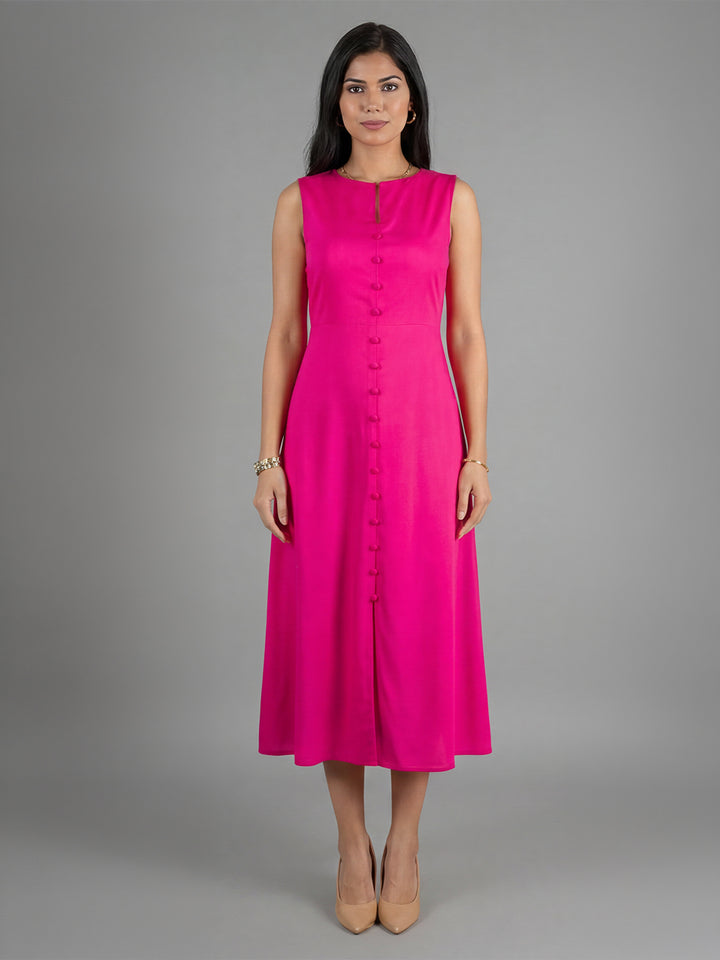 Exude Glowing Front Button Dress With Pockets (Fuscia)